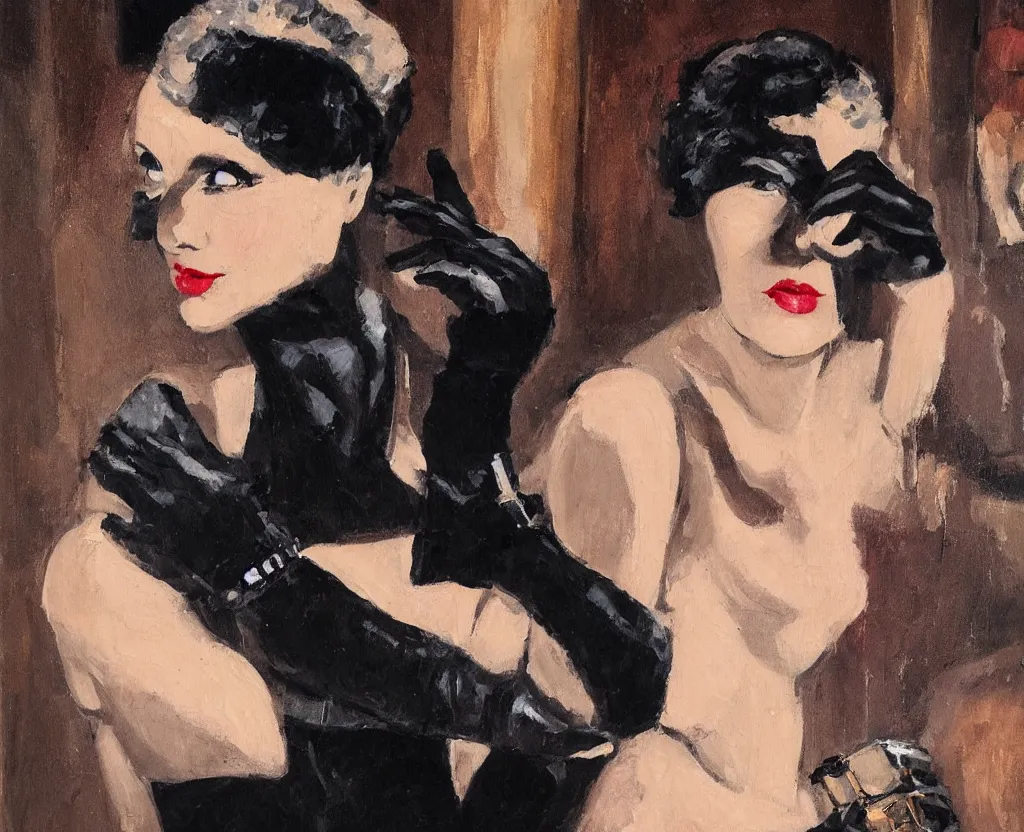 Prompt: realistic oil painting of a 1 9 2 0 s short - haired flapper woman in black satin gloves looking at the camera, during a party with a jazz band performing in the background, at a dimly lit speakeasy bar, jazz age, precise, wide shot, cohesive, stylistic, art deco, cinematic, low - lighting