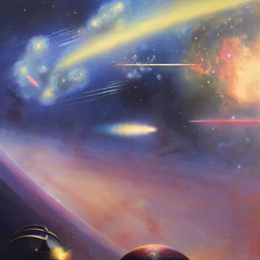 Prompt: an epic space opera scene painted by john harris, oil paint on canvas, detailed, abstract