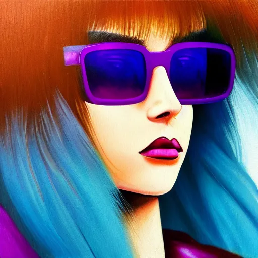 Prompt: closeup painting of a very beautiful young mexican cyberpunk woman with a smirk, light blue retro shades, and a purple coloured leather jacket, one side haircut, long brown hair with light blue ends, portrait, sci - fi, hyperdetailed, artstation, cgsociety, synthwave by tangerine dream, by jean - michel jarre, by vangelis, by john carpenter