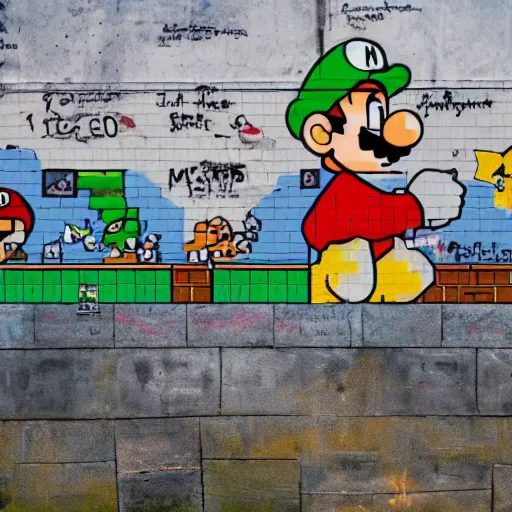 Prompt: Painting of Super Mario Bros first level on the Berlin Wall, 85mm lens photo,