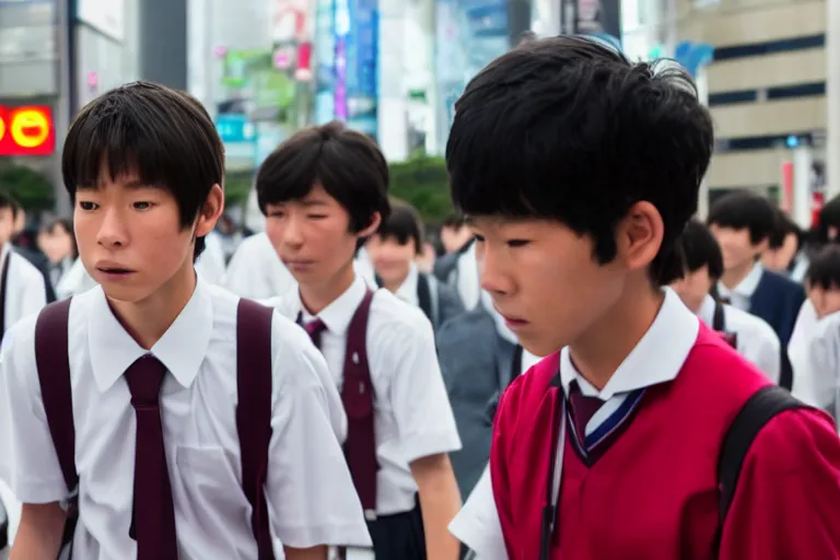 Image similar to close up photo of a japanese middle school boy wearing his school uniform at shibuya crossing, red weapon 8 k s 3 5, cooke anamorphic / i lenses, highly detailed, cinematic lighting