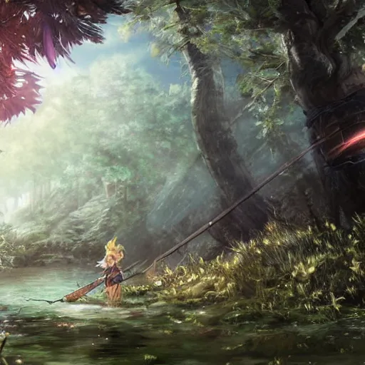 Image similar to y'shtola, final fantasy xiv, fishing in the forest, concept art, highly detailed, catgirl