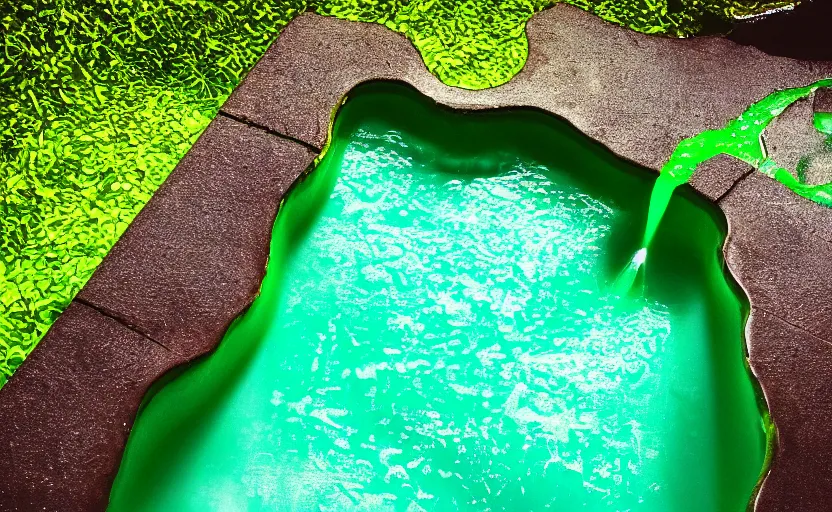 Image similar to beautiful green liquid, green oozing pool pit, cinematic lighting, various refining methods, micro macro autofocus, ultra definition, award winning photo