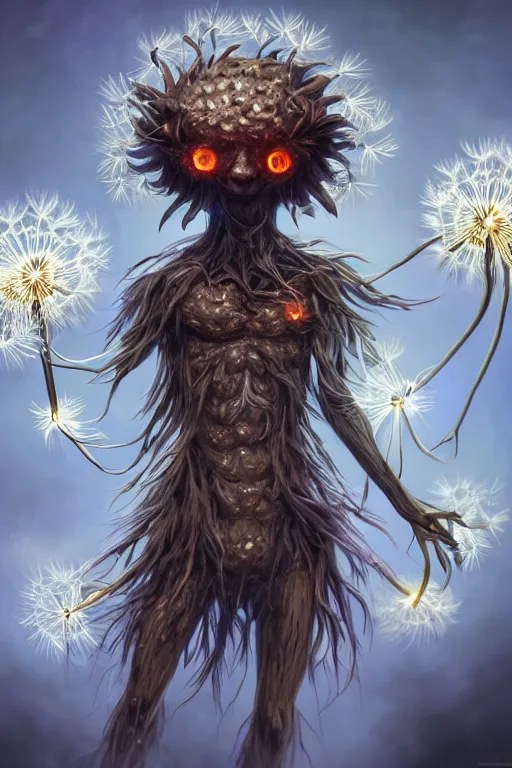 Image similar to a glowing humanoid figure dandelion monster with large glowing eyes, highly detailed, digital art, sharp focus, trending on art station, artichoke, anime art style