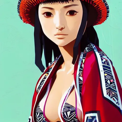 Image similar to a beautiful young japanese natalie portman alluring gravure model, stylized concept art, wearing elegant designer bomber jacket and one piece bikini, bomber jacket with mesoamerican patterns, mesoamerican native street fashion, princess mononoke, painted by ilya kuvshinov aesthetic, gorgeous, stunning, alluring, attractive, artstation, pinterest, digital art