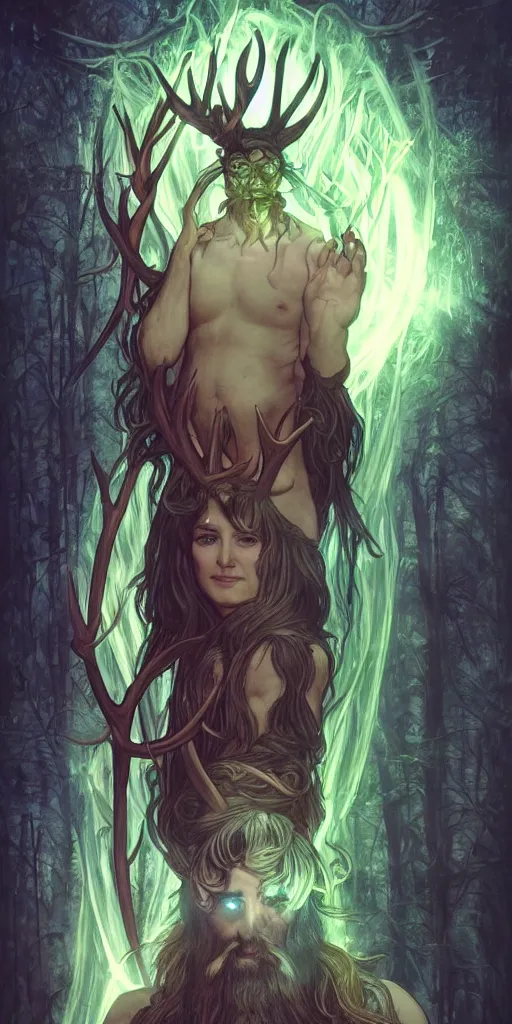 Image similar to intense bioluminescent glowing pagan god with antlers and pure black eyes and long beard in very dark forest by artgerm and alphonse mucha, portrait, fantasy, clear, light beams, lens flare, intense, uhd, amazing depth, cinematic lighting