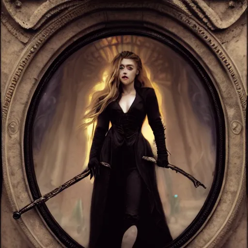 Prompt: hyperrealistic portrait of amber heard as a vampire witch scratched lacerated furious in a black coat standing in a classical ornate stone gate daydreaming portal. by jeremy mann and alphonse mucha, fantasy art, photo realistic, dynamic lighting, artstation, poster, volumetric lighting, very detailed faces, 4 k, award winning