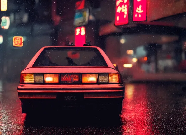 Image similar to close up macro shot of a ae 8 6 car on wet tokyo street at night, intricate, hyper detailed, smooth, high contrast, neon, volumetric lighting, octane, moebius, greg rutkowski, blade runner, ridley scott, cinematic