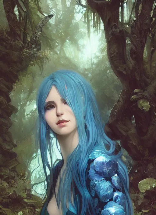 Image similar to stunningly beautiful female blue hair, femma stone face, antasy art, fae priestess, lush forest landscape, dark light night, sharp focus, digital painting, 8 k, concept art, art by wlop, artgerm, greg rutkowski and alphonse mucha