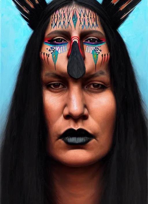 Prompt: portrait of a native american woman with a crooked nose and a confident expression, 1 9 6 0 s, black clothes, goth, punk, brightly coloured hair, funk, intricate, elegant, highly detailed, digital painting, artstation, concept art, smooth, sharp focus, illustration, art by wlop, mars ravelo and greg rutkowski