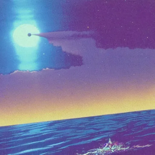 Prompt: a swim in the sea at night, synth wave, Angus McKie