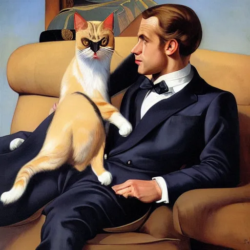 Image similar to portrait of macron reclining on the sofa, petting a cat, black suit, by j. c. leyendecker, tamara de lempicka
