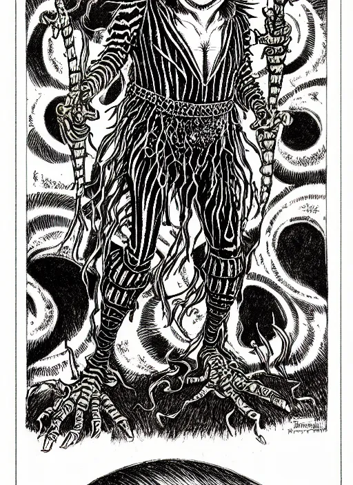 Image similar to beetlejuice, as a d & d monster, full body, pen - and - ink illustration, etching, by russ nicholson, david a trampier, larry elmore, 1 9 8 1, hq scan, intricate details, inside stylized border