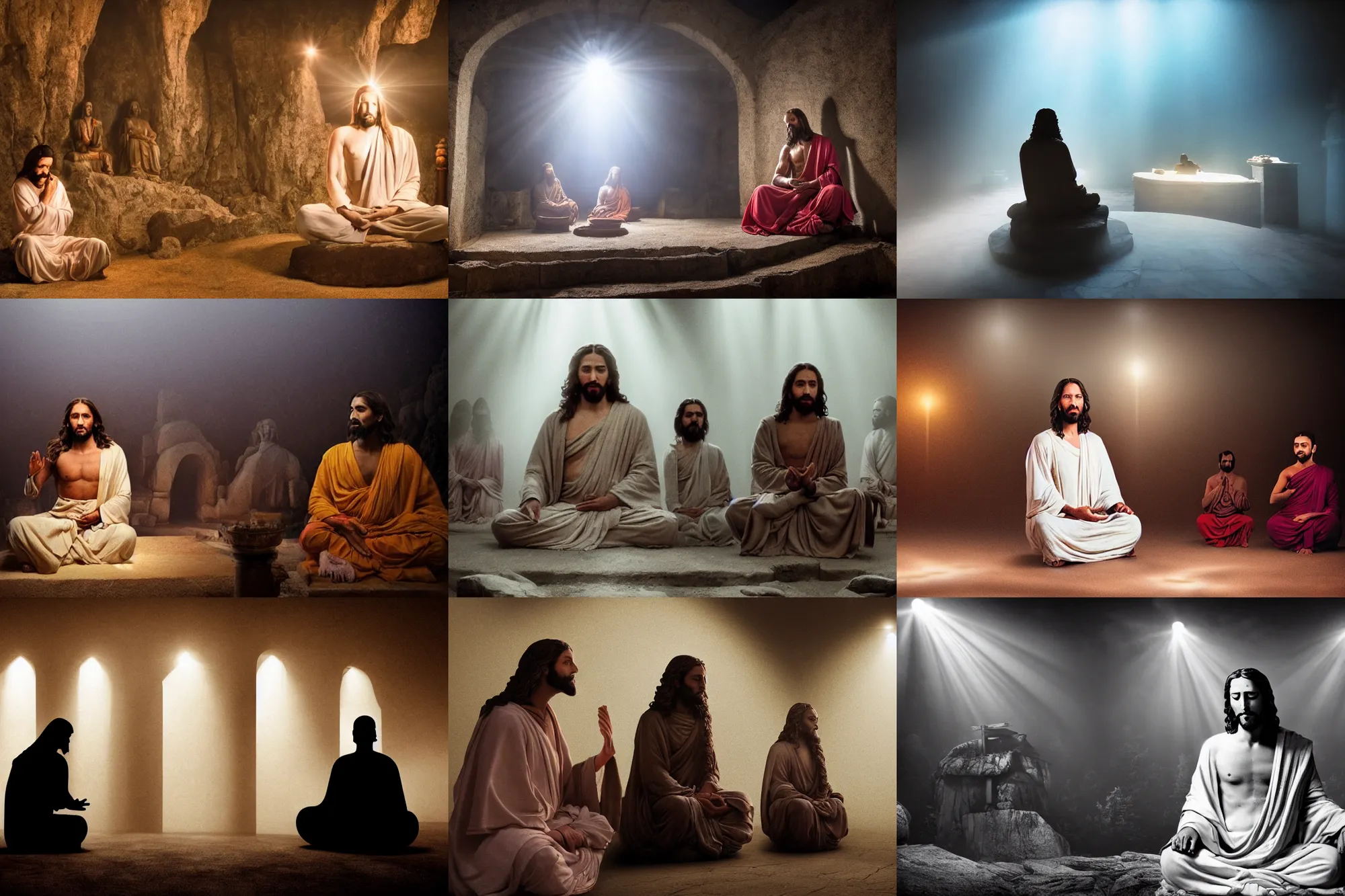 Prompt: a cinematic wideangle portrait of jesus sitting with buddha and krishna, fog filled, spotlights shine down from the watchtowers, perfectly lit face, ultra realistic, depth, beautiful lighting