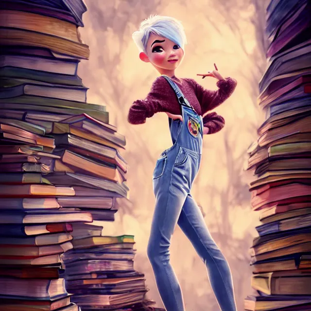 Image similar to full body pose, beautiful adult fairy, pixar, short white hair shaved sides, dirty, grungy, grunge, long sleeve, painted overalls, stacks of giant books, highly detailed, 4 k, hdr, smooth, sharp focus, high resolution, award - winning photo, artgerm, photorealistic