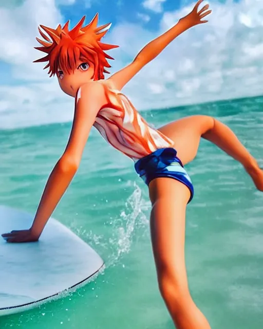 Prompt: dreamy tiktok iPhone photo of beautiful Nagisa Kaworu from evangelion having fun as a surfer in Florida, 35mm, cinematic, trending on Instagram, Asuka as a surfer model, 8k, 4k