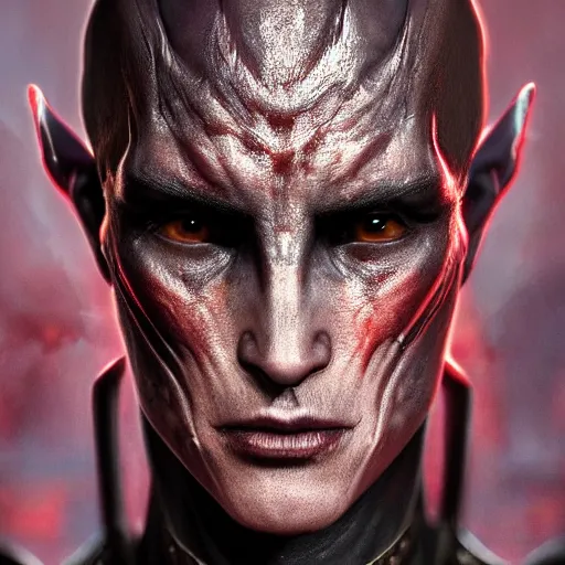 Image similar to hyperrealistic mixed media image of demon daedric prince from skyrim, dark complexion, stunning 3 d render inspired art by greg rutkowski and xiang duan and thomas eakes, perfect facial symmetry, flesh texture, realistic, highly detailed attributes and atmosphere, dim volumetric cinematic lighting, 8 k octane detailed render, post - processing, masterpiece,