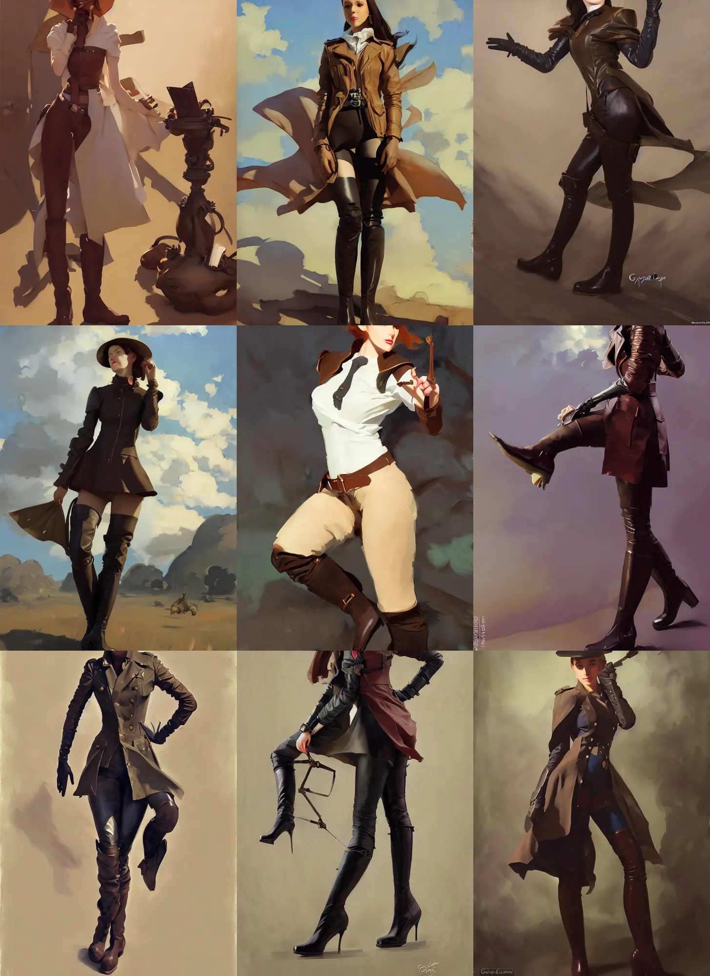 Prompt: cloth fabric jodhpurs knee high boots leather jacket fashion, greg manchess painting by sargent and leyendecker, studio ghibli, fantasy, medium shot, asymmetrical, intricate, elegant, matte painting, illustration, hearthstone, by greg rutkowski, by greg tocchini, by james gilleard, by joe fenton