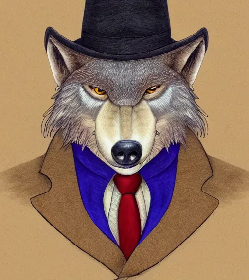 Image similar to master furry artist colored pencil drawing portrait of the anthro male anthropomorphic wolf fursona animal person detective wearing suit and tie