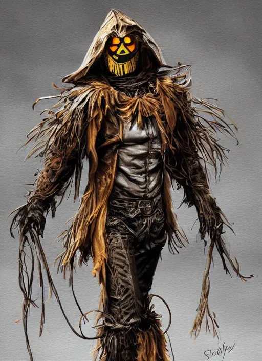 Image similar to powerful male scarecrow, willem dafoe as scarecrow, full body character concept, covered in full leather armor, art nouveau, super powers, fantasy, intricate, elegant, highly detailed, digital painting, artstation, concept art, shining, sharp focus, illustration, art by stanley lau