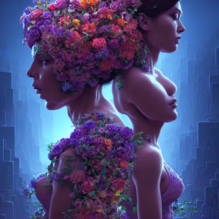 Image similar to Beautiful 3d render portrait of the queen of flowers in a sensual pose, in the style of Dan Mumford, with tall and crowded futuristic cyberpunk voxel buildings in the background, cinematic, dramatic lighting, symmetry