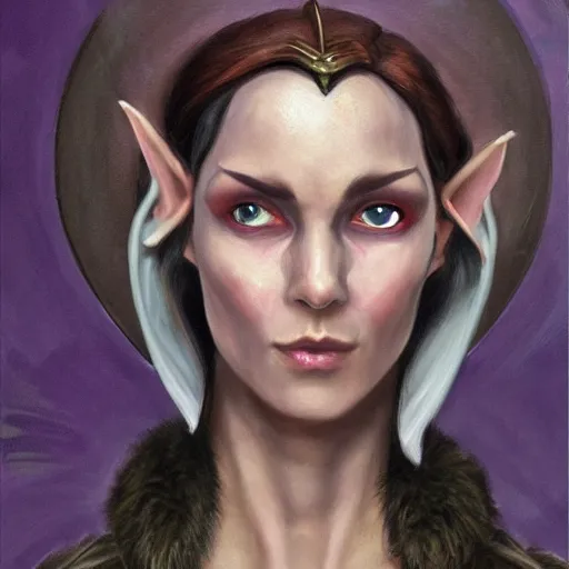 Image similar to oil painting a female medieval fantasy tolkien elf, dark purplish hair tucked behind ears, wearing a fur lined collar, wide face, muscular build, scar across the nose, cinematic, character art, detailed.