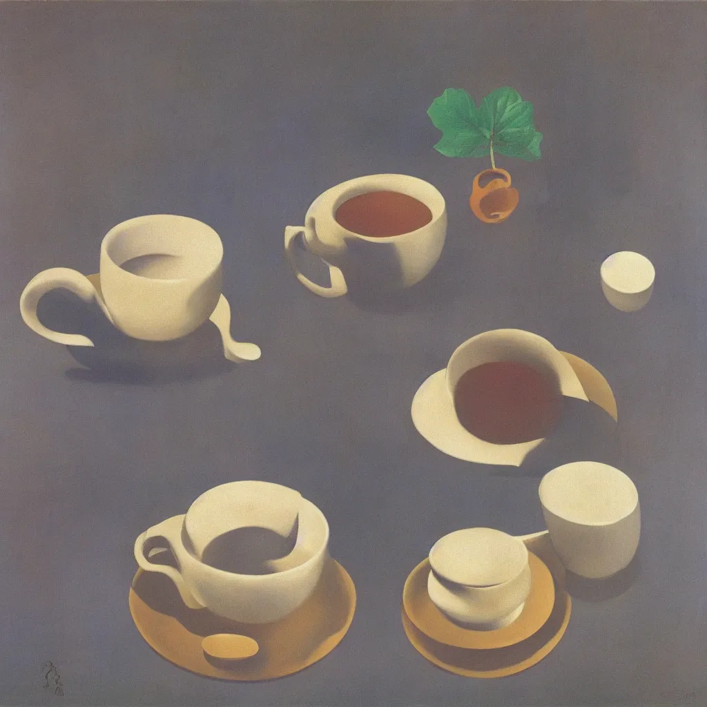 Image similar to Rene Magritte painting of a cup of tea, high quality, surrealist