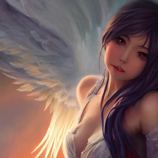 Image similar to an oil painting of a beautiful anime girl with angel wings, by artgerm, wlop and greg rutkowski, hd, hdr, ue 5, ue 6, unreal engine 5, cinematic 4 k wallpaper, 8 k, ultra detailed, high resolution, artstation, award winning