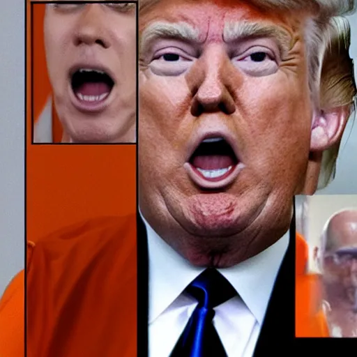 Image similar to donald trump wearing orange prison jumpsuit, locked behind bars, crying and whining.