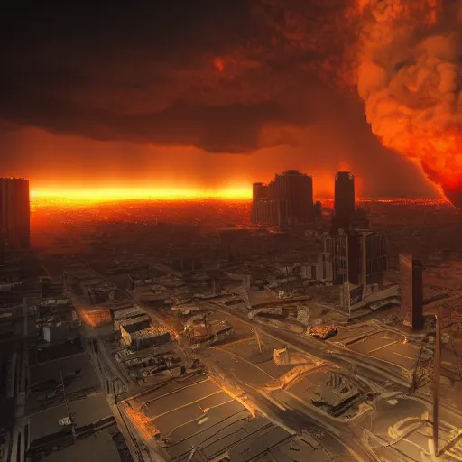 Image similar to nuclear explosion in a city, dramatic lighting, raytraced, trending on artstation