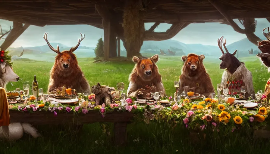 Image similar to a table dinner of animals where animals are dressed like the characters from the midsommar movie wearing flowers, realistic detailed digital art by maxwell boas jessica rossier christian dimitrov anton fadeev trending on artstation cgsociety rendered in unreal engine 4 k hq