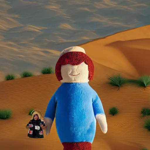 Prompt: blue'snappy gifts'human - sized plush doll, looking at the camera, in the desert, holding gift, happy atmosphere, high detail, 8 k