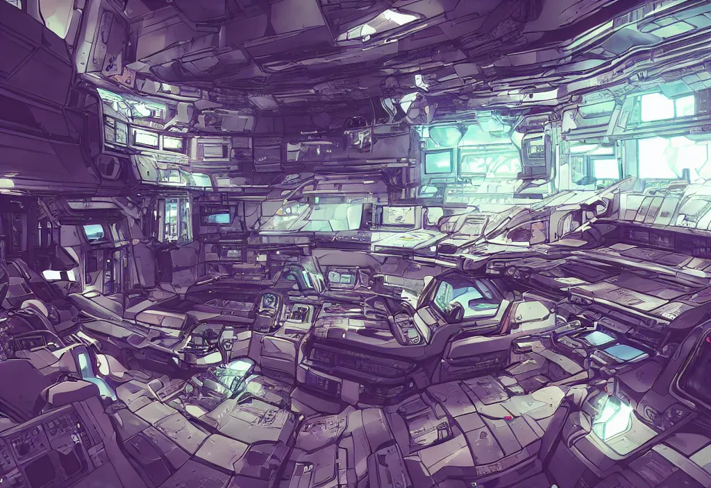 Image similar to large spaceship interior, cyberpunk, anime