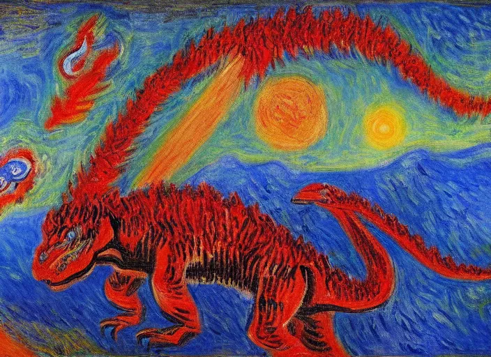 Prompt: painting of the extinction of the dinosaurs with asteroid and fire, in the style of claude monet and vincent van gogh, dramatic lighting red and blue