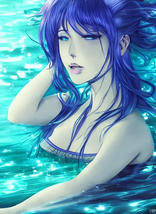 Prompt: a woman with blue hair sitting underwater, a beautiful anime drawing by yuumei, featured on pixiv, rayonism, pixiv, seapunk, anime, detailed