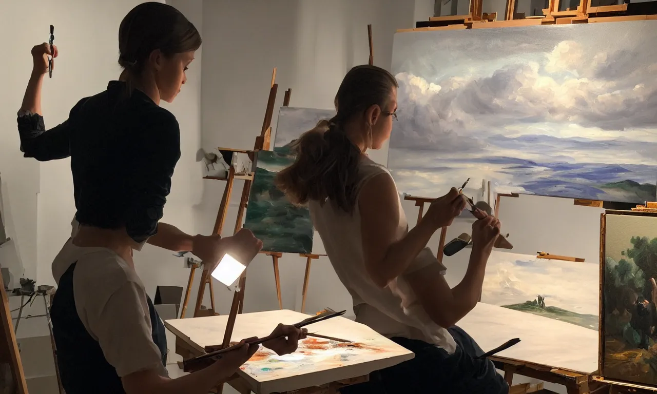 Prompt: the android carefully painting an oil painting in their natural - lit studio overlooking the city. photorealistic. intricate details. 3 5 mm photograph. dramatic lighting. action shot. absolute focus. masterpiece.