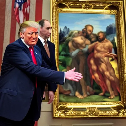 Prompt: Donald Trump reaching out to touch Vladimir Putin, replica of Michaelangelo painting Creation of Adam