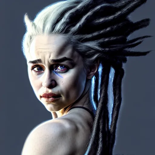 Image similar to portrait of emilia clarke cybergoth dreadlocks, dark, piercing eyes, exotic expression, esoteric clothing, photorealistic, highly detailed, mysterious lighting, artstation, smooth, sharp focus, art by michael whelan, artgerm, greg rutkowski and luis royo