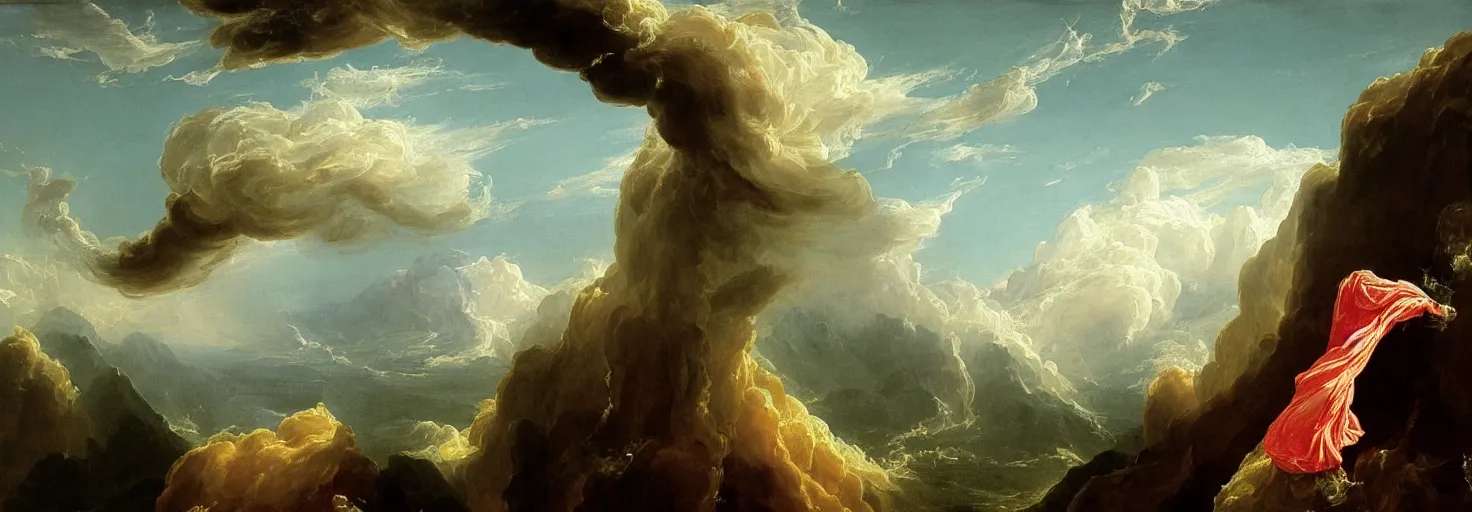 Image similar to a painting of a hand descending from the clouds demanding payment, in the style of an epic Thomas Cole painting