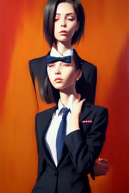 Image similar to a ultradetailed beautiful panting of a stylish woman wearing a formal suit with a tie, oil painting, by ilya kuvshinov, greg rutkowski and makoto shinkai, trending on artstation