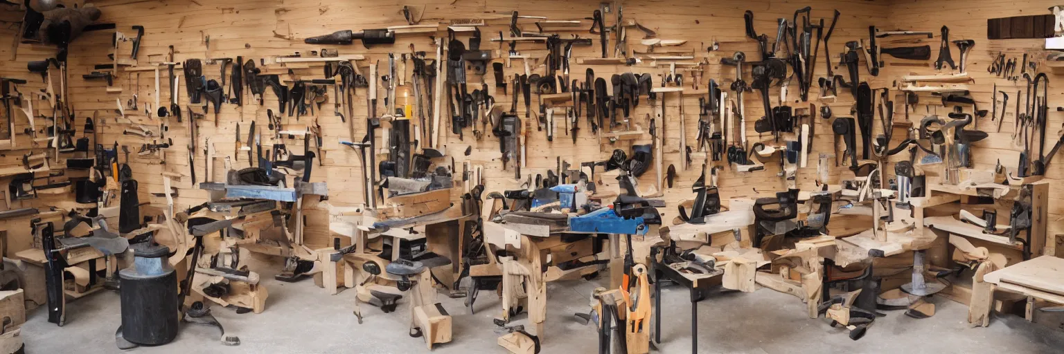 Prompt: A wood workers workshop with a lot of tools wide