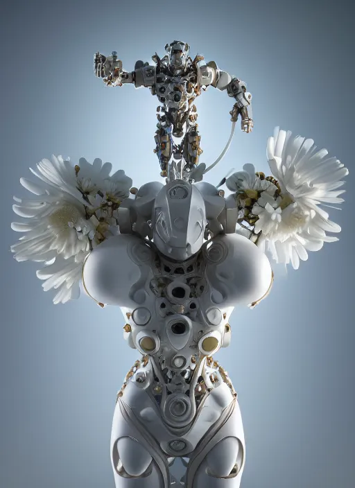 Image similar to biomechanical daisies well contoured smooth fair walls with marble statue carrying a bottle of perfume, up close shot, sharp focus, global illumination, radiant light, alexandre ferra white mecha, irakli nadar, octane highly render, 4 k, ultra hd,