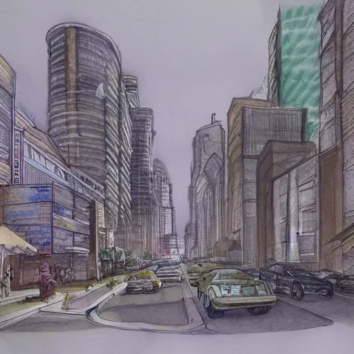 Image similar to a pencil and watercolor drawing of a bright city in the future with flying cars