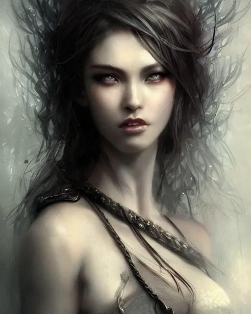 Image similar to beautiful women with oriental faces, character portrait, sharp, digital matte painting, art by luis royo, greg rutkowski, dramatic lighting, trending on artstation