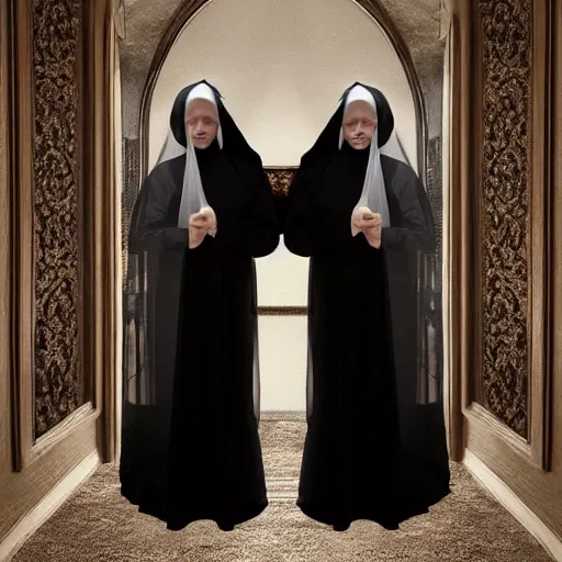 Image similar to award winning photo,two Hovering twin nuns, wearing pointed hoods, buxom chested, blindfolded, wearing translucent veils, see through dress, Very long arms, bedroom, wood door, eerie, frightening, highly detailed, photorealistic, colorized —width 1024 —height 1024