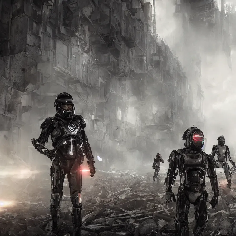 Prompt: 8 k hyperrealistic cinematic shot starset band in epic sci fi combat suits and helmets, standing in the streets, examining ruins, in an apocalyptic ruined distopian future city in an epic cinematic shot, brutalist buildings tower over with red haze, performing a music video, hyper ultra detailed, stunning realism, real scale