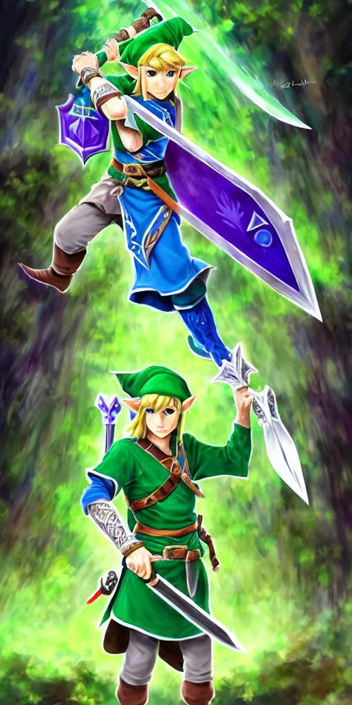 Image similar to link dressed in traditional green tunic and cap, holding the master sword and hylian shield in each hand, in dynamic fighting pose, clear detailed face with focused expression, mystical forest background, dark skies, green purple blue pink iridescent color scheme, intricately detailed, finely textured, pixiv paigeeworld drawcrowd