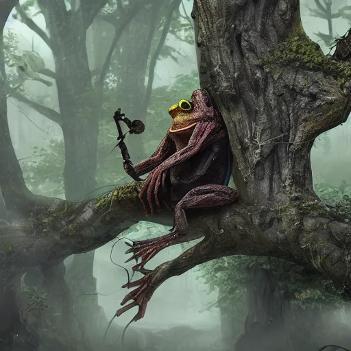 Prompt: aged, sapient, frog time wizard lurks in a dark tree while preparing a devastating spell, 8 k, fantasy, artstation, extremely detailed, octane render, realistic textures