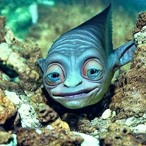Prompt: gollum - faced fish flying