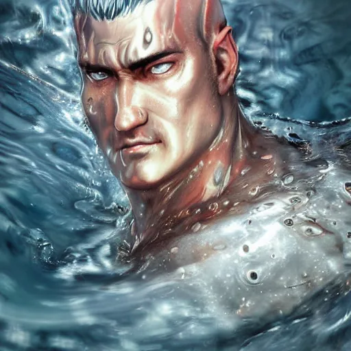 Image similar to photorealistic shockingly amazing portrait of guts from berserk submerged in water ,extremely detailed, made by wlop and maxwell boas